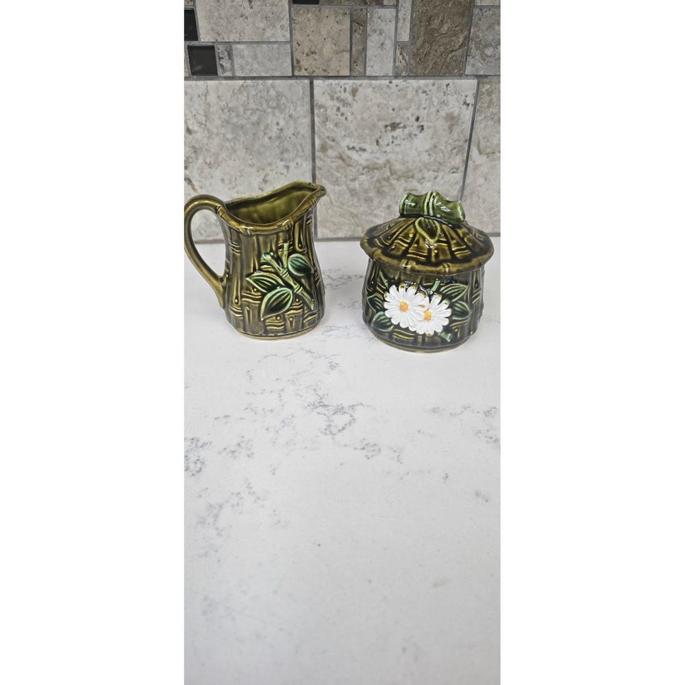 Vintage Japan Bamboo Ceramic Sugar and Creamer Set Olive Green Daisy Floral Tiki